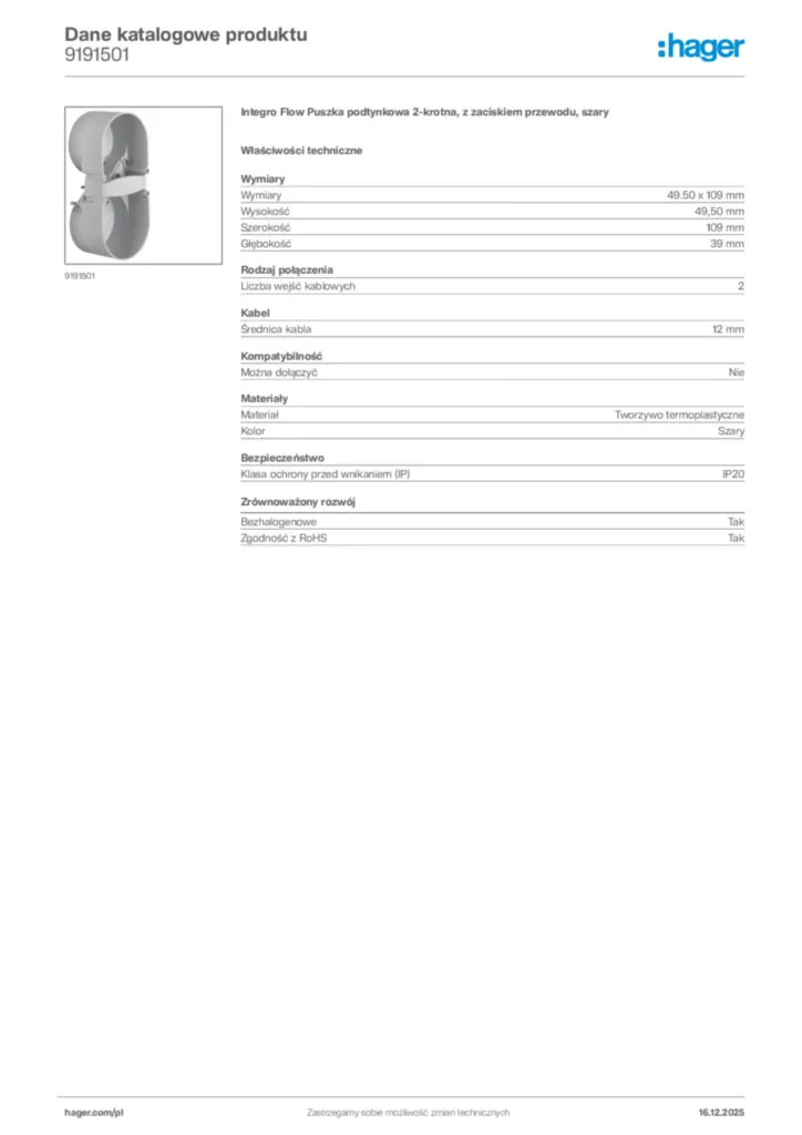 Zdjęcie Hager Karta katalogowa 9191501 | Hager Polska