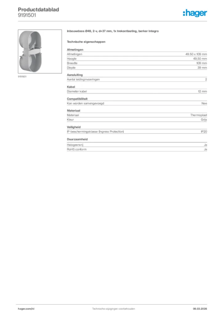 Afbeelding Hager Productdatablad 9191501 | Hager Nederland