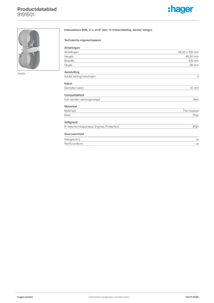 Afbeelding Hager Productdatablad 9191501 | Hager Nederland