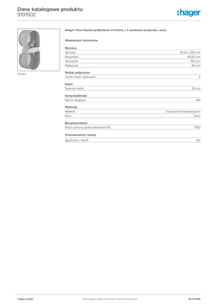 Zdjęcie Hager Karta katalogowa 9191502 | Hager Polska
