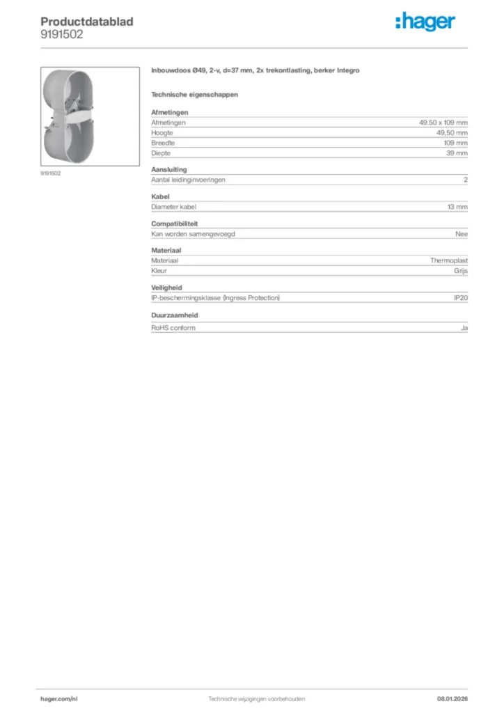 Afbeelding Hager Productdatablad 9191502 | Hager Nederland