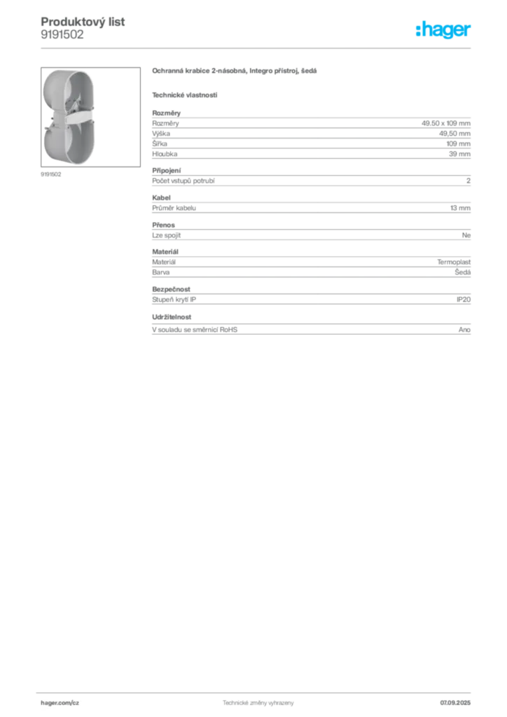 Obrázek Hager Produktový list 9191502 | Hager