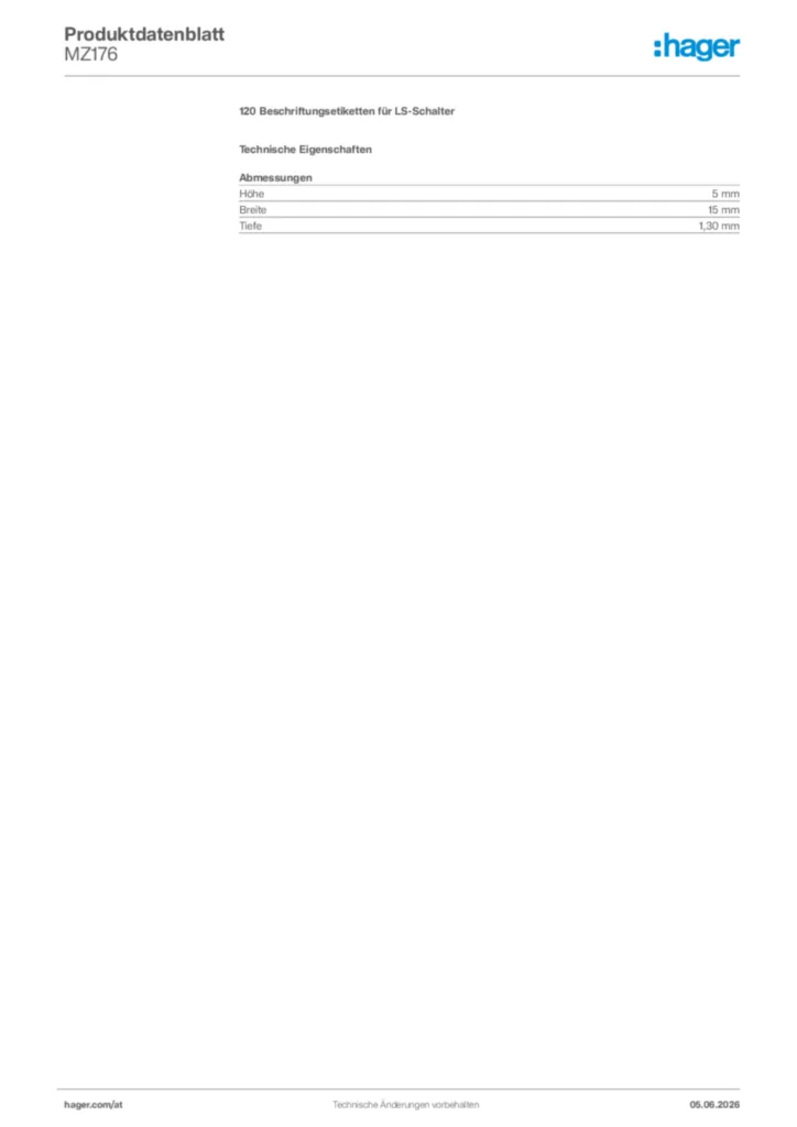 Bild Hager Produktdatenblatt MZ176 | Hager Deutschland