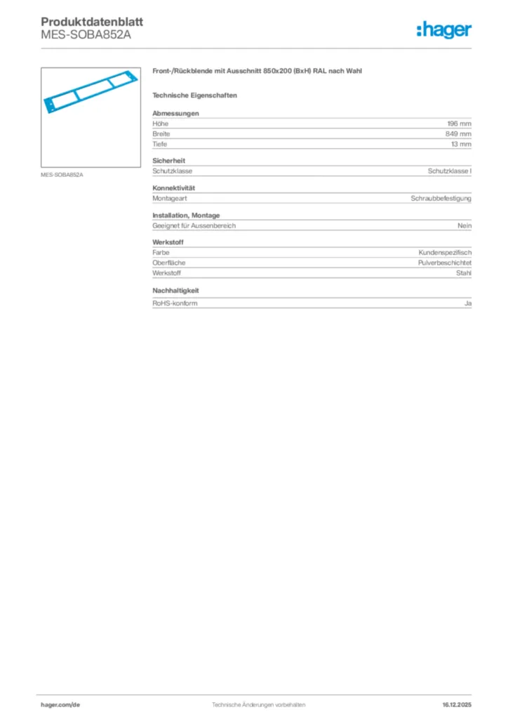 Bild Hager Produktdatenblatt MES-SOBA852A | Hager Deutschland