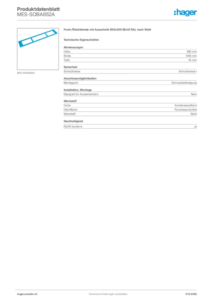 Bild Hager Produktdatenblatt MES-SOBA852A | Hager Schweiz