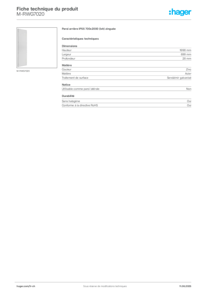 Image Hager Fiche technique du produit M-RWG7020 | Hager Suisse