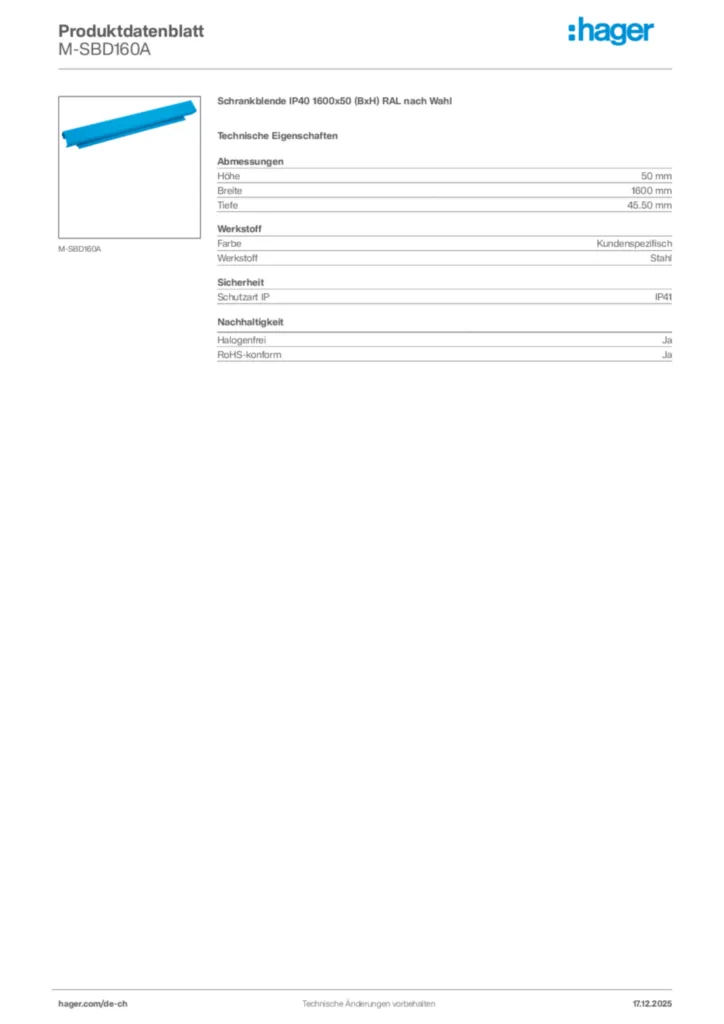 Bild Hager Produktdatenblatt M-SBD160A | Hager Schweiz