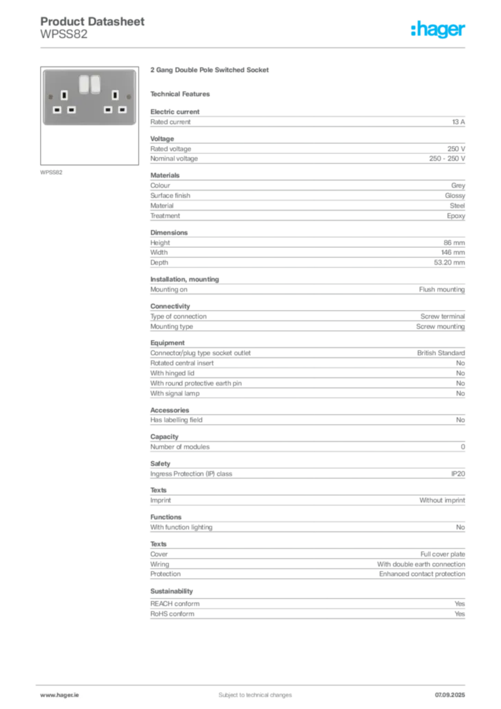 Image Hager Product data sheet WPSS82  | Hager