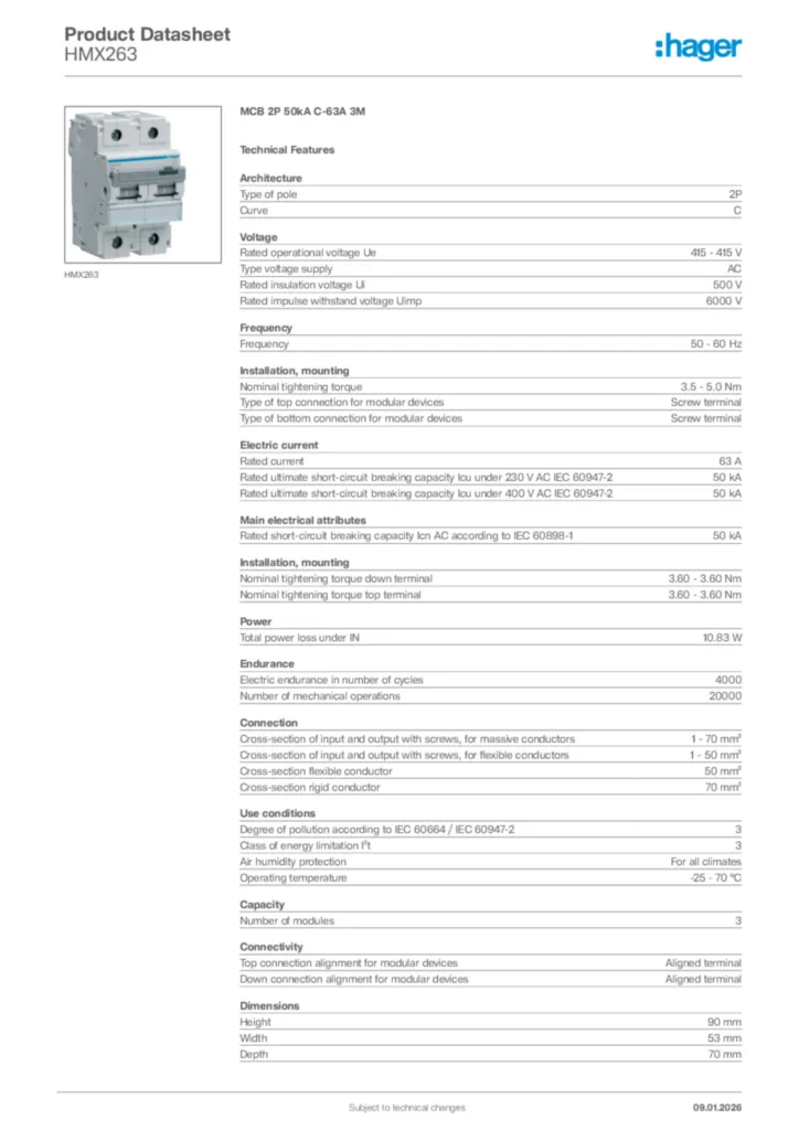 Image Hager Product data sheet HMX263  | Hager Africa