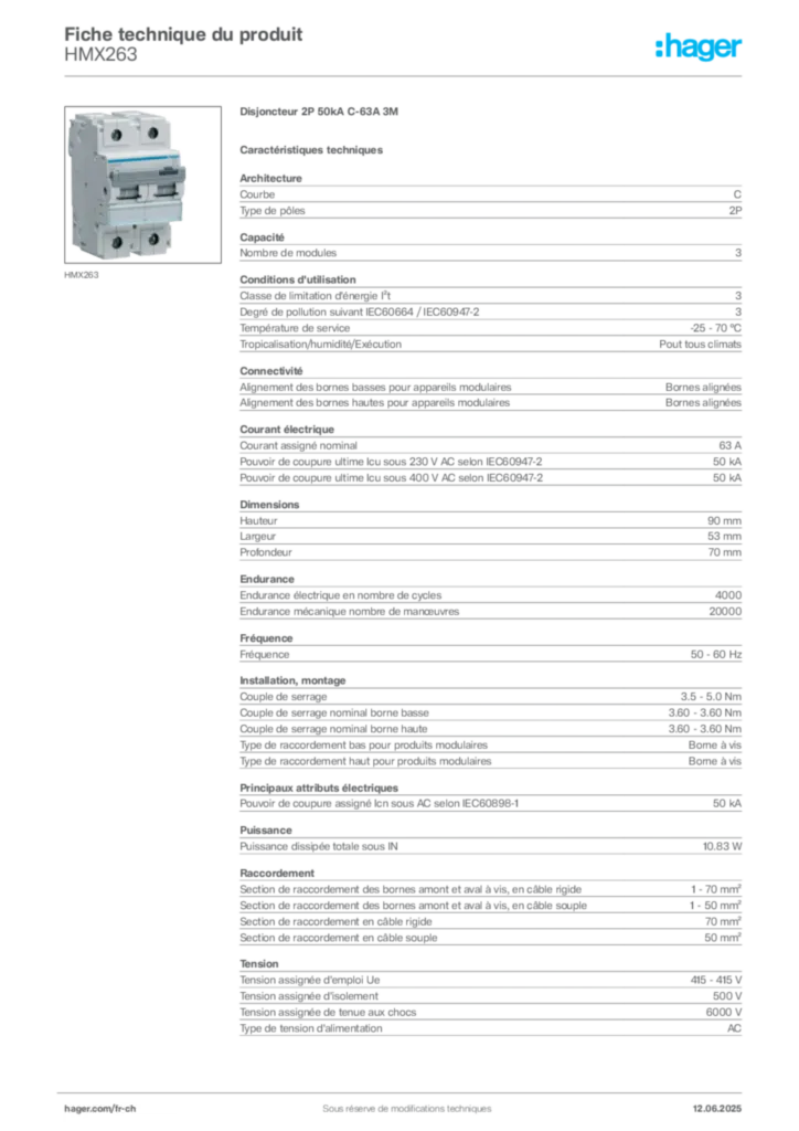 Image Hager Fiche technique du produit HMX263 | Hager Suisse