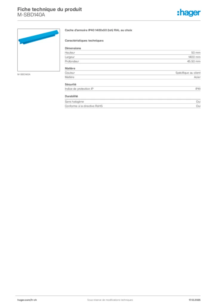 Image Hager Fiche technique du produit M-SBD140A | Hager Suisse