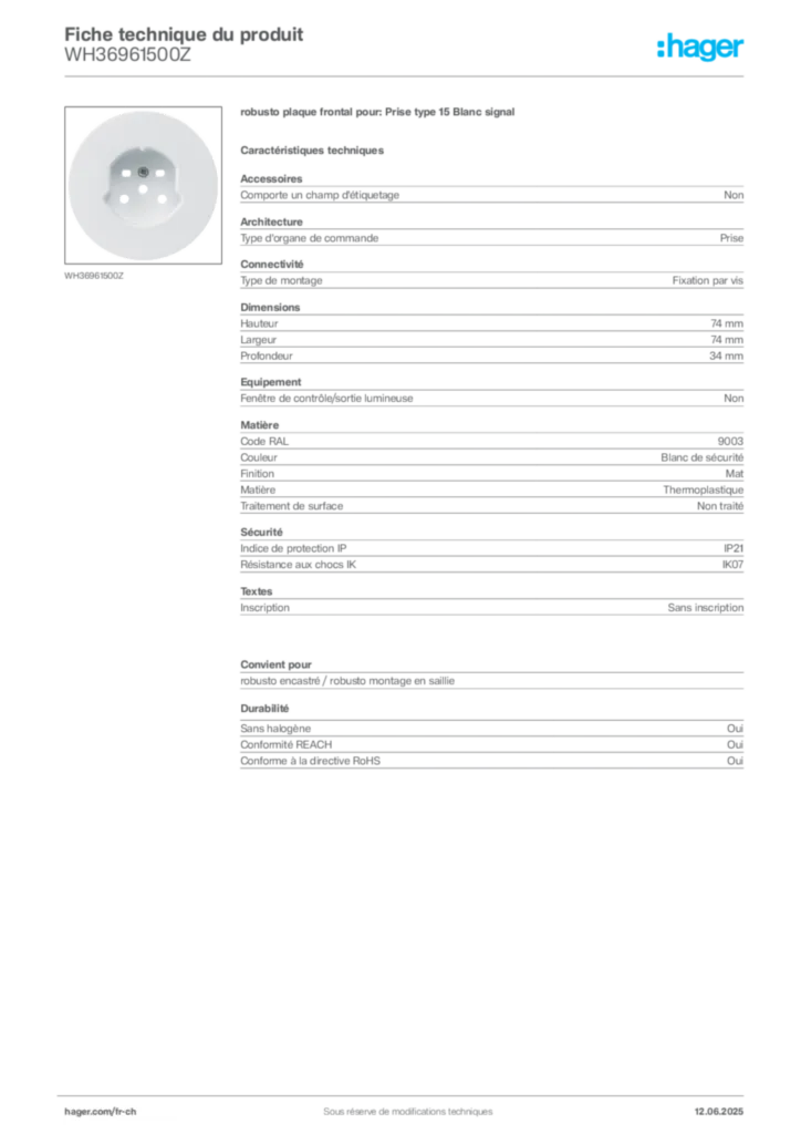 Image Hager Fiche technique du produit WH36961500Z | Hager Suisse