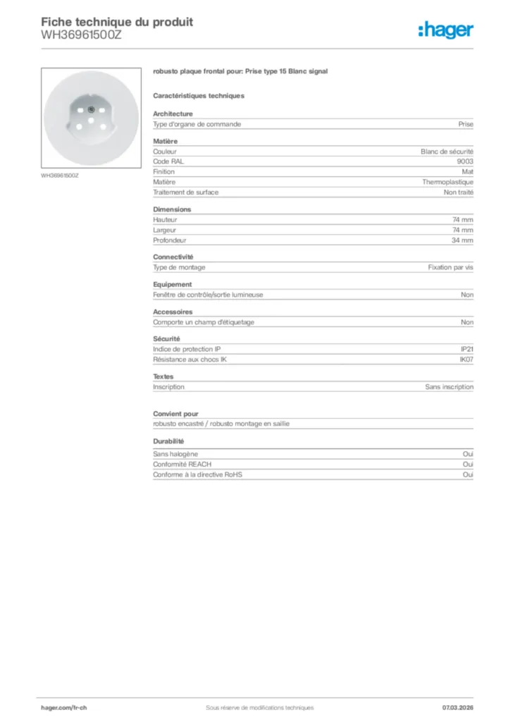 Image Hager Fiche technique du produit WH36961500Z | Hager Suisse
