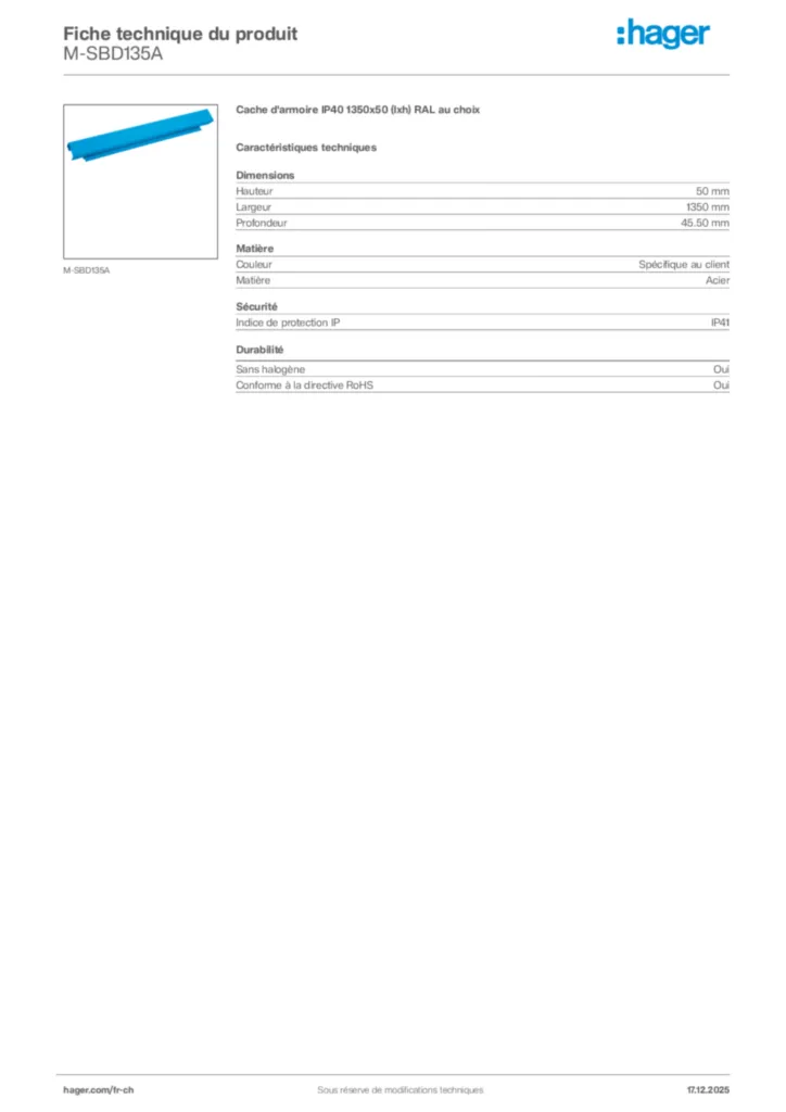 Image Hager Fiche technique du produit M-SBD135A | Hager Suisse