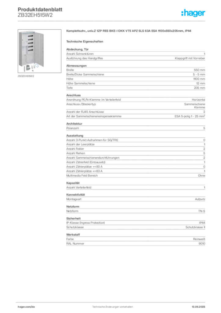 Bild Hager Produktdatenblatt ZB32EH515W2 | Hager Deutschland