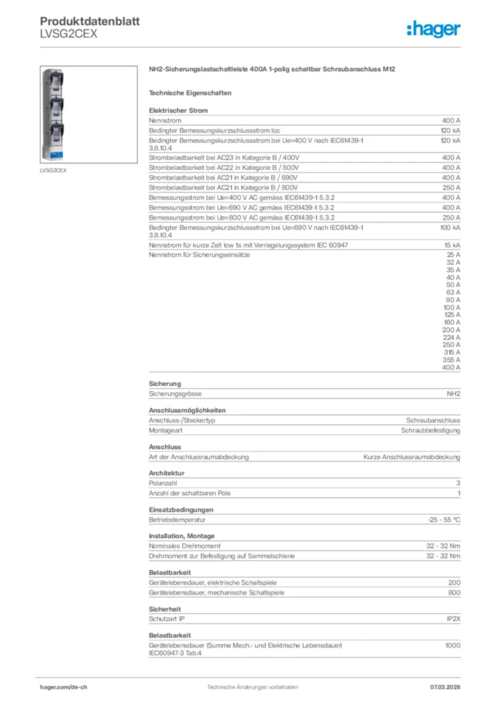 Bild Hager Produktdatenblatt LVSG2CEX | Hager Schweiz