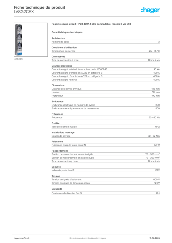 Image Hager Fiche technique du produit LVSG2CEX | Hager Suisse