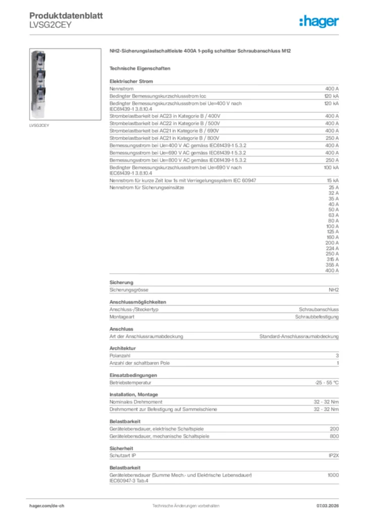 Bild Hager Produktdatenblatt LVSG2CEY | Hager Schweiz