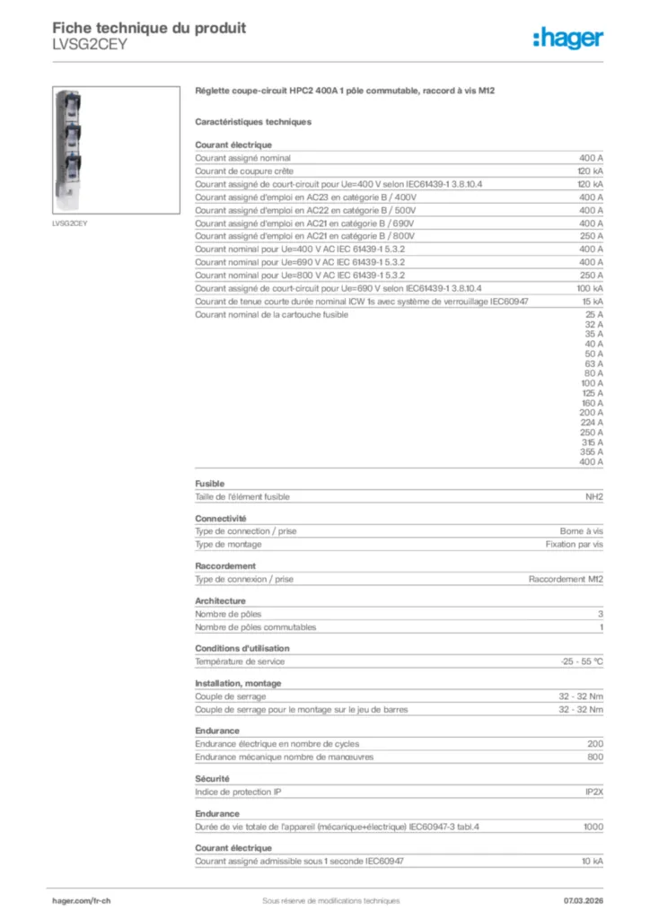 Image Hager Fiche technique du produit LVSG2CEY | Hager Suisse