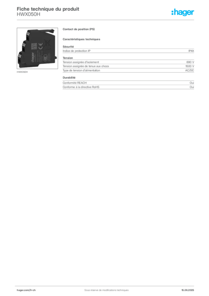 Image Hager Fiche technique du produit HWX050H | Hager Suisse