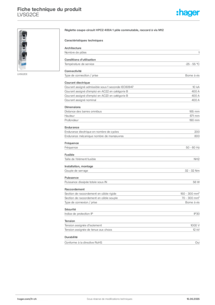 Image Hager Fiche technique du produit LVSG2CE | Hager Suisse