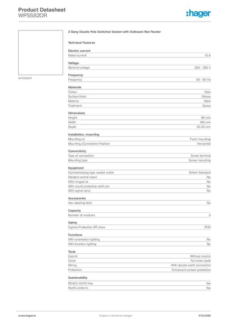 Image Hager Product data sheet WPSS82OR  | Hager