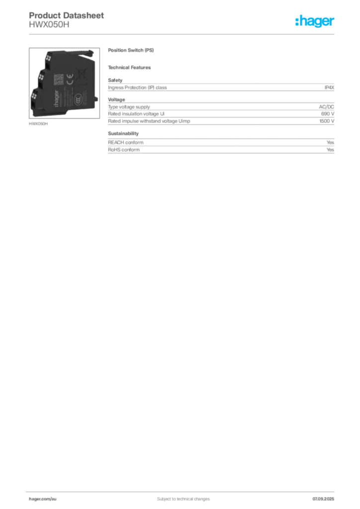 Image Hager Product data sheet HWX050H  | Hager Australia