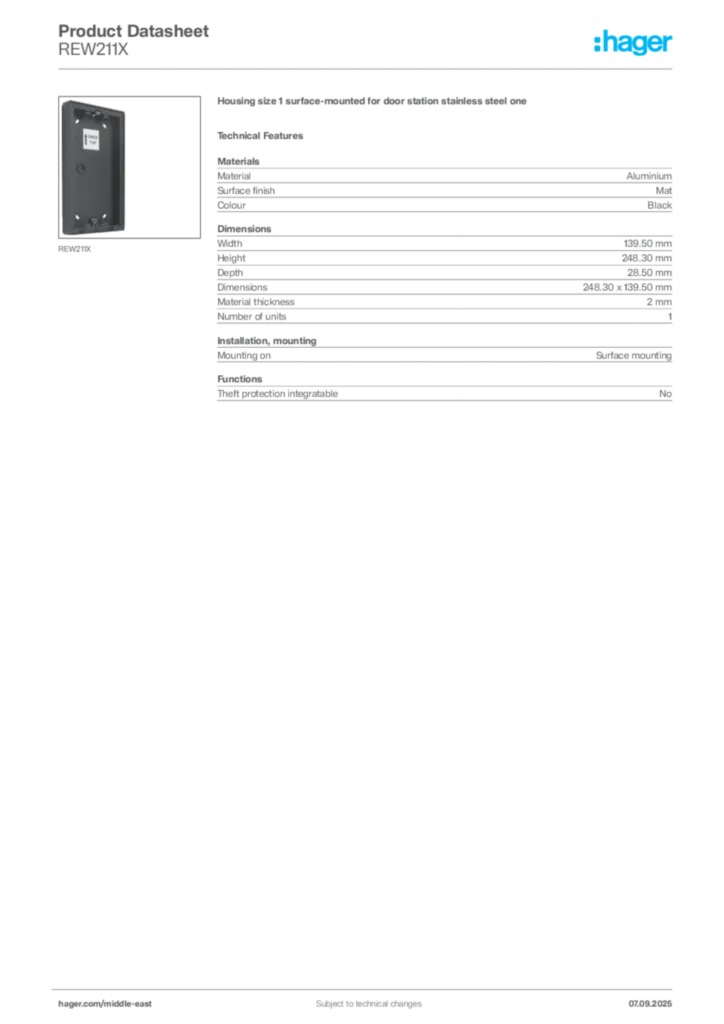 Image Hager Product data sheet REW211X  | Hager