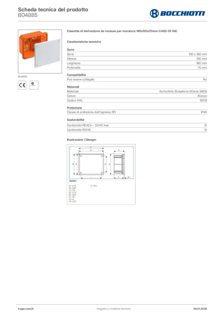 Immagine Bocchiotti Scheda tecnica del prodotto B04885 | Hager Italia