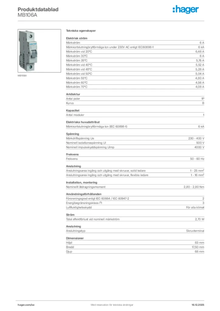 Bild Hager Produktdatablad MB106A | Hager Sverige