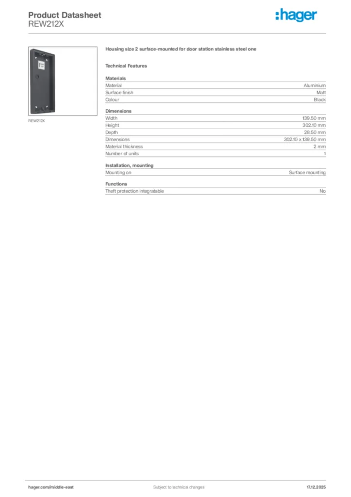 Image Hager Product data sheet REW212X  | Hager