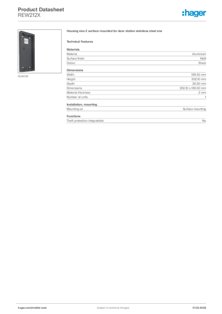 Image Hager Product data sheet REW212X  | Hager
