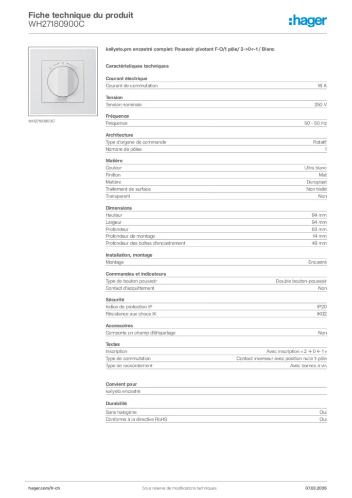 Image Hager Fiche technique du produit WH27180900C | Hager Suisse