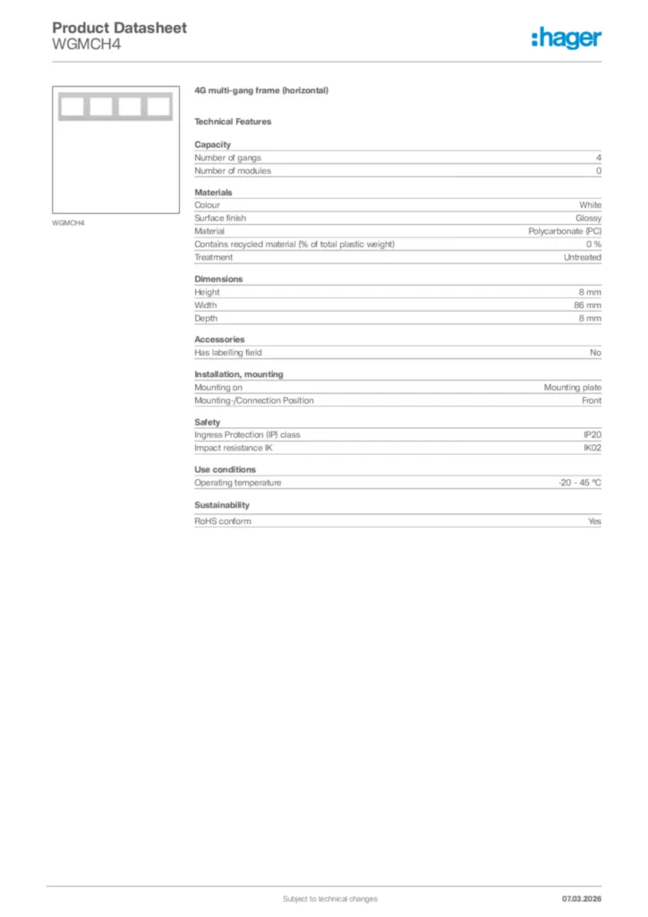 Image Hager Product data sheet WGMCH4  | Hager