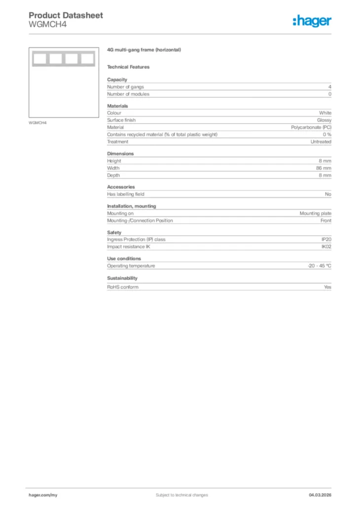 Image Hager Product data sheet WGMCH4  | Hager