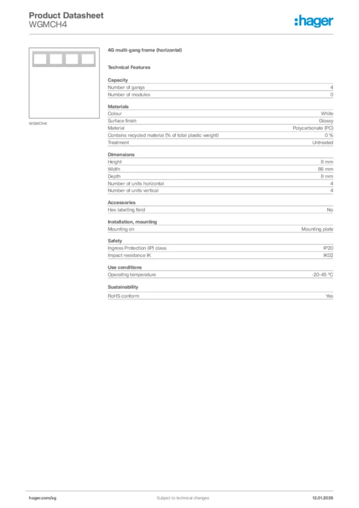 Image Hager Product data sheet WGMCH4  | Hager