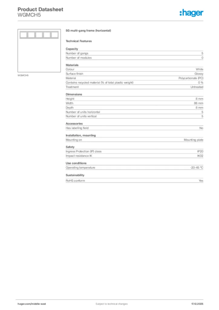 Image Hager Product data sheet WGMCH5  | Hager