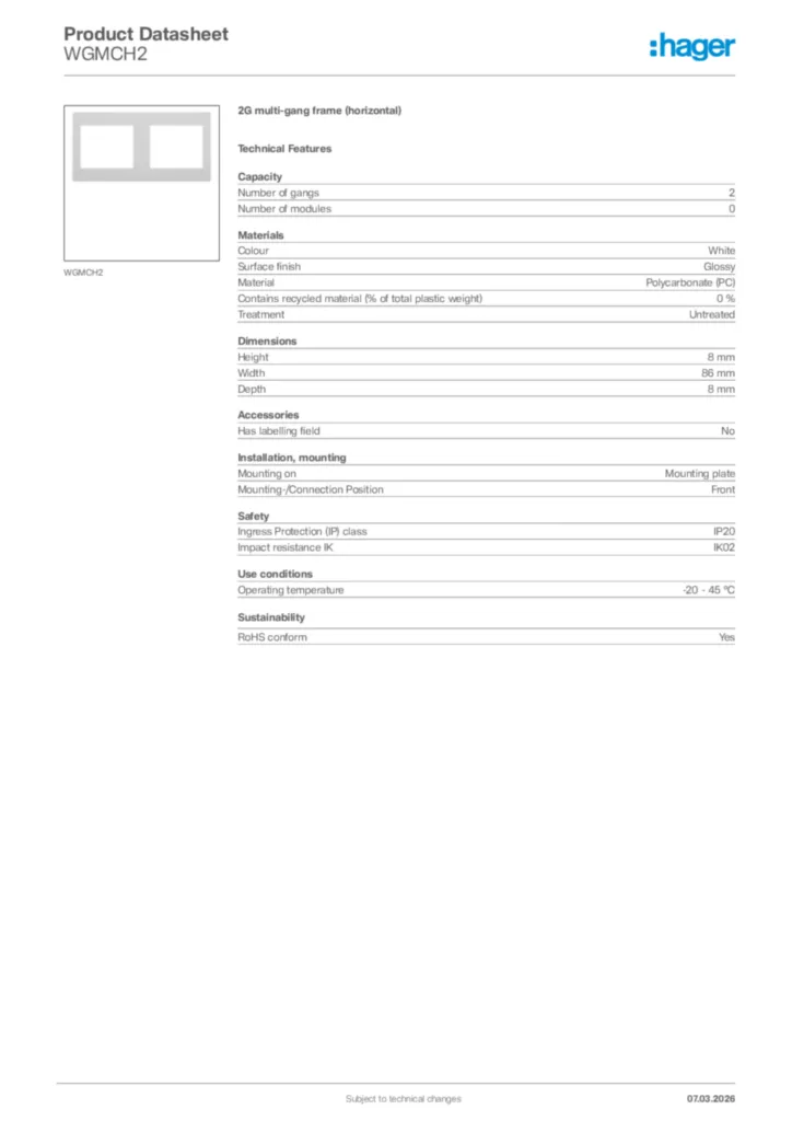 Image Hager Product data sheet WGMCH2  | Hager Africa