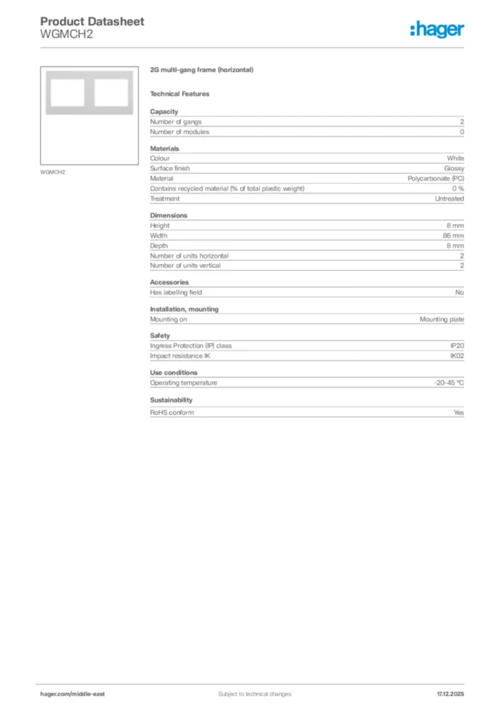 Image Hager Product data sheet WGMCH2  | Hager