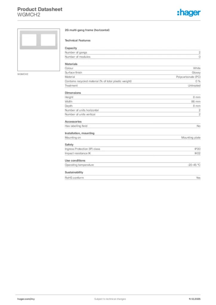 Image Hager Product data sheet WGMCH2  | Hager