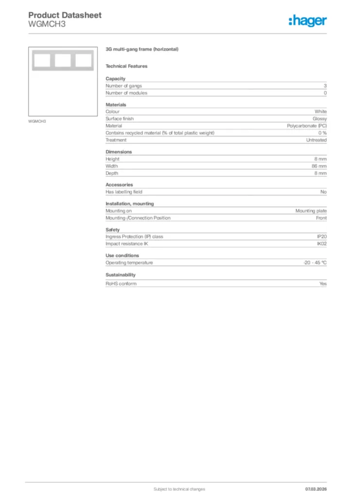 Image Hager Product data sheet WGMCH3  | Hager Africa