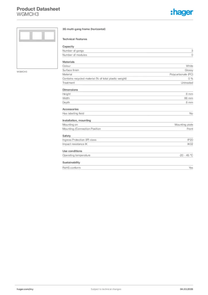 Image Hager Product data sheet WGMCH3  | Hager