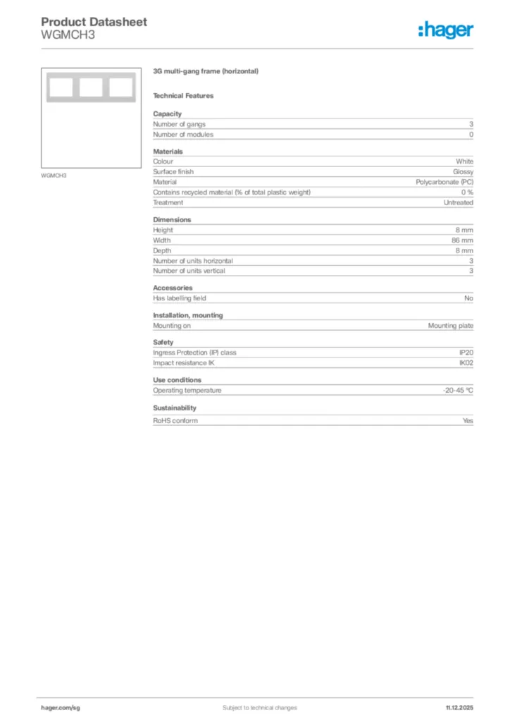 Image Hager Product data sheet WGMCH3  | Hager