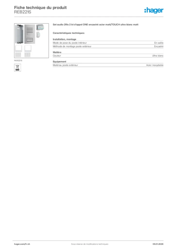 Image Hager Fiche technique du produit REB221S | Hager Suisse