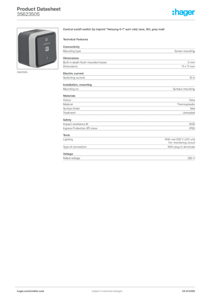 Image Hager Product data sheet 35623505  | Hager
