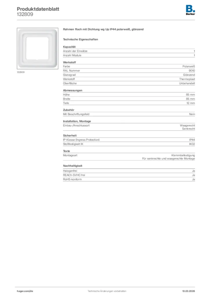 Bild Berker Produktdatenblatt 132809 | Hager Deutschland