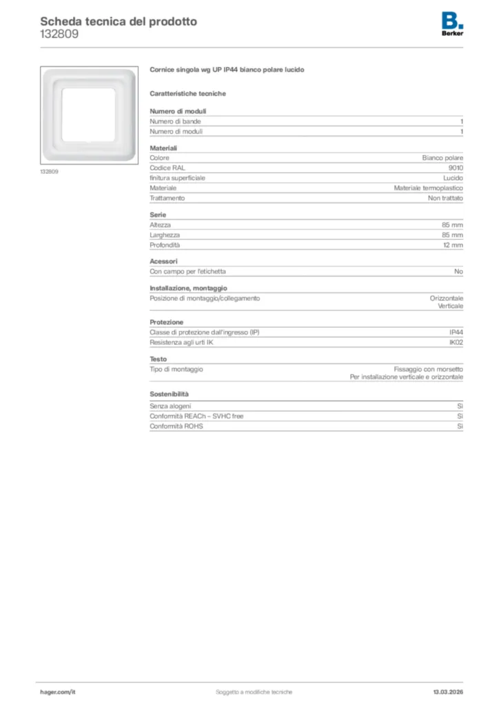 Immagine Berker Scheda tecnica del prodotto 132809 | Hager Italia