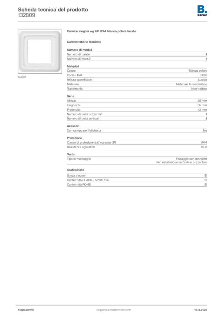 Immagine Berker Scheda tecnica del prodotto 132809 | Hager Italia