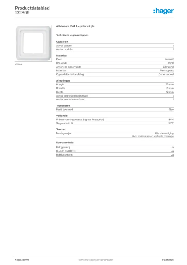 Afbeelding Hager Productdatablad 132809 | Hager Nederland