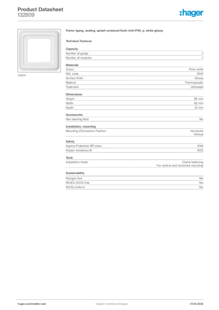 Image Hager Product data sheet 132809  | Hager